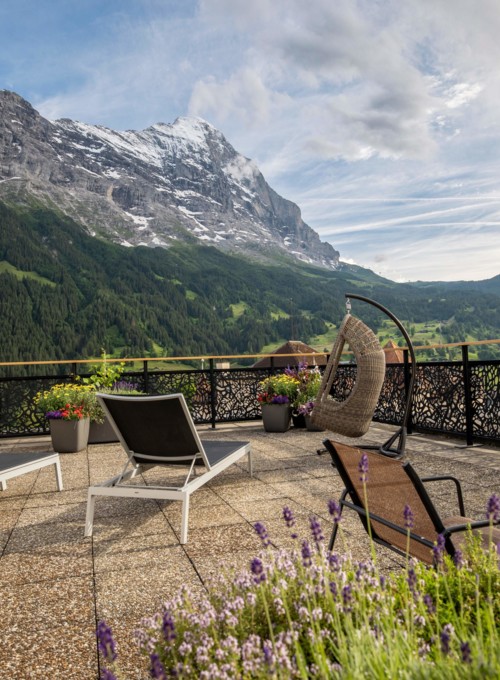 Mountain-view terrace with vibrant flower pots and loungers, evoking serenity perfect for vacation retreats.