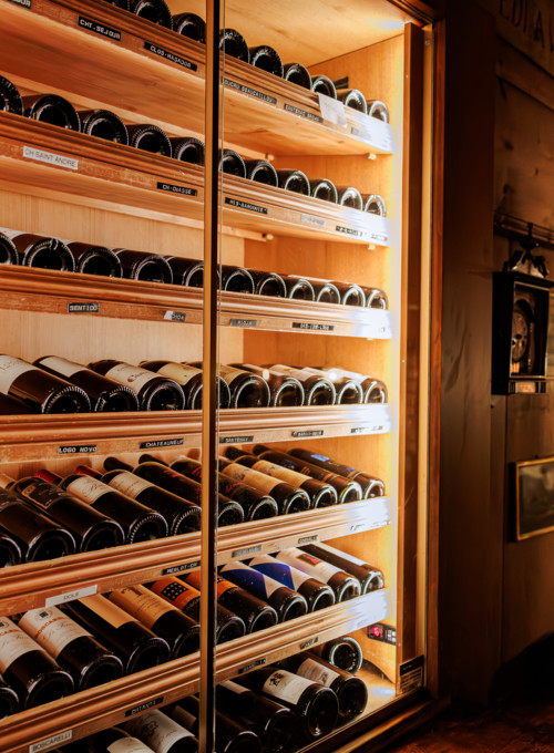 Cozy wine cellar with rows of diverse, well-lit bottles, evoking a warm and inviting atmosphere for wine aficionados.