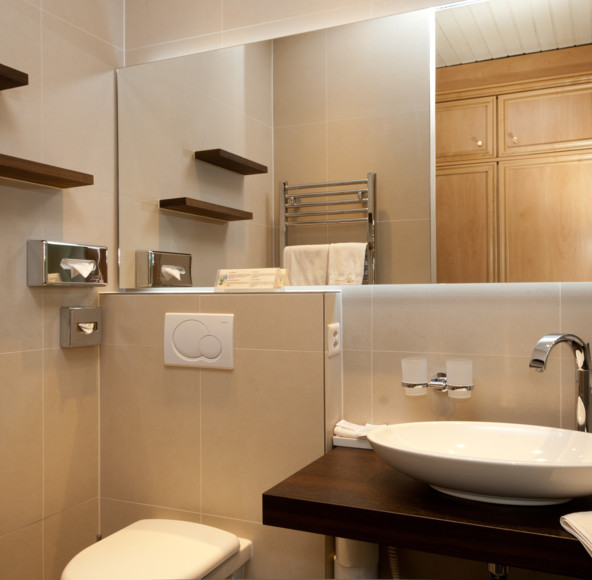 Neutral-toned bathroom with dark wooden accents and reflective surfaces, radiating a clean and serene ambiance for wellness spaces.