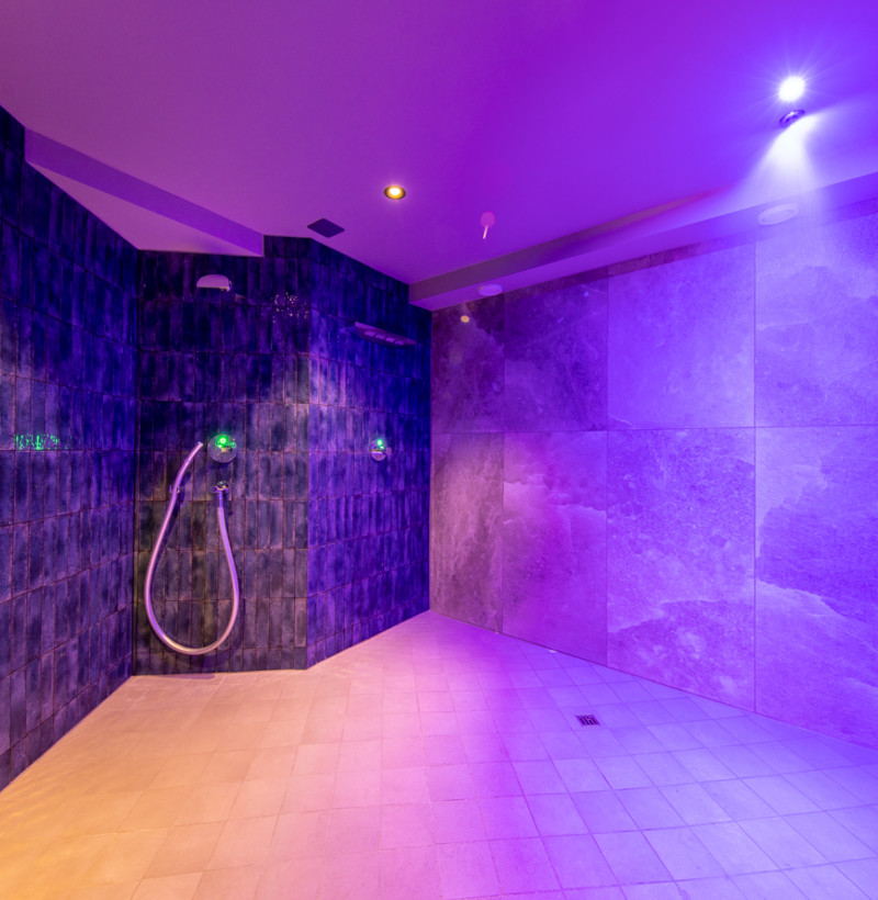 Lavender-lit spa bathroom with stone-tiled walls and sleek fixtures, exuding tranquility for upscale home design.