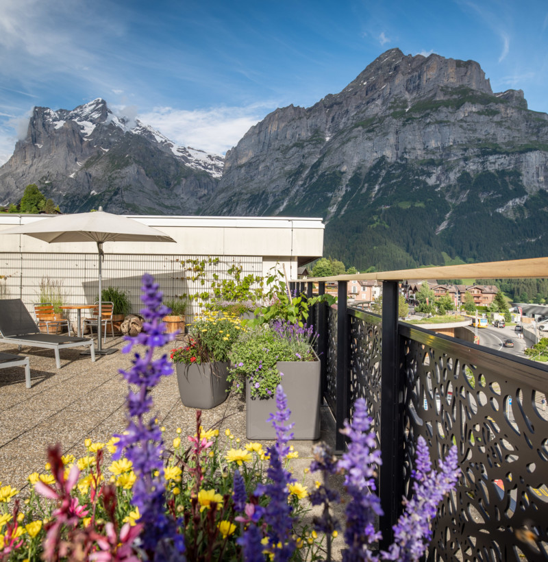 Alpine view from a balcony with vibrant wildflowers and lounging chairs, epitomizing serene retreats for travel and leisure.