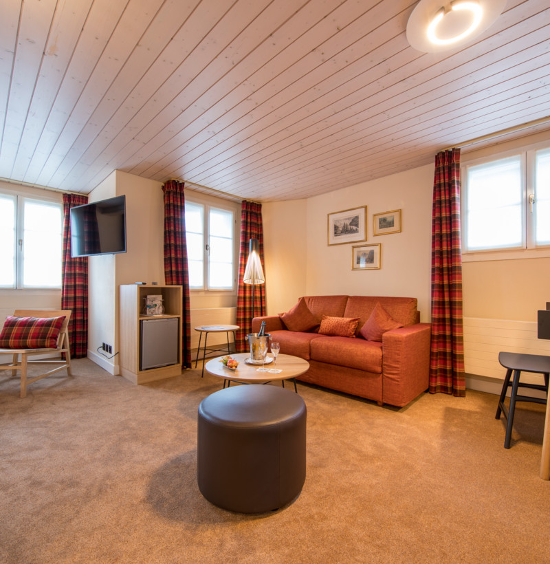 Cozy, cabin-style living room with rustic red sofas and warm beige walls, creating a welcoming and relaxed atmosphere for hospitality settings.