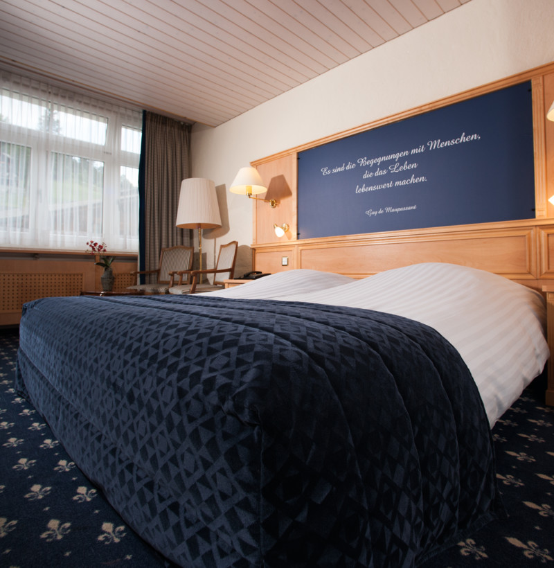 Cozy hotel room with a navy blue bedspread and wooden furniture, offering a warm, inviting atmosphere for travelers.