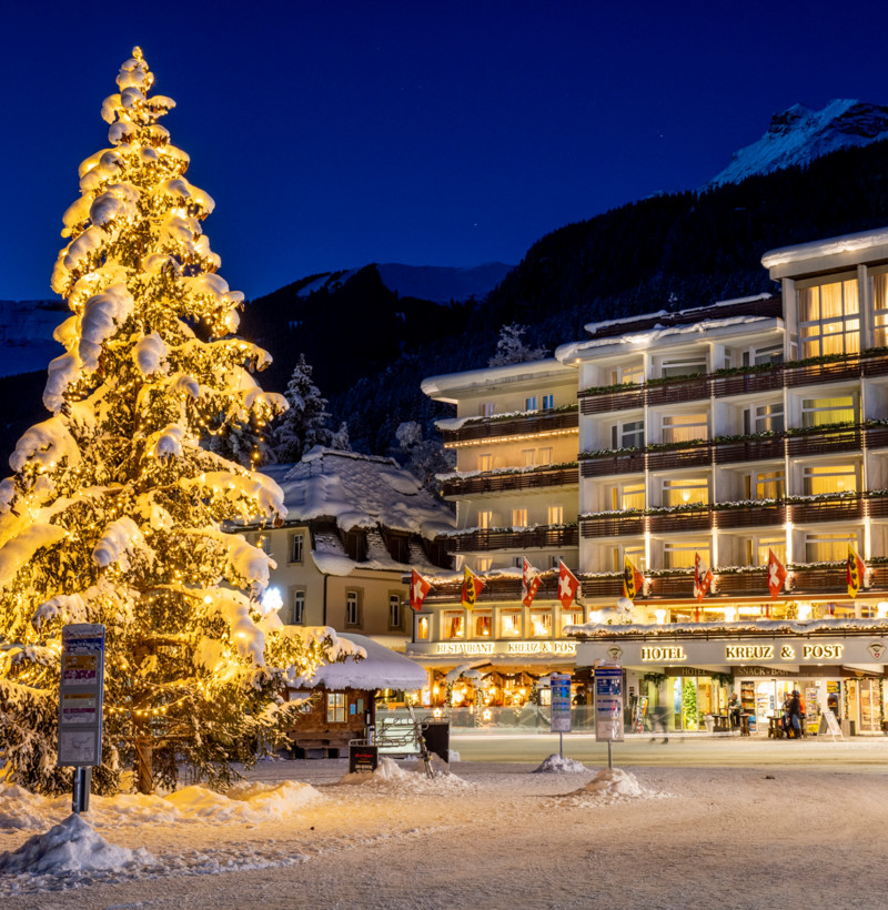 Snow-covered Christmas tree illuminated by golden lights against a backdrop of quaint, festive hotels, evoking a cozy, welcoming winter ambiance ideal for holiday tourism.